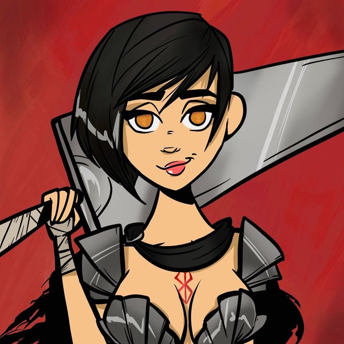 A digital cartoon illustration of a short-haired female warrior in black armor with a red symbol on her chest, carrying a large sword over her shoulder against a red background.