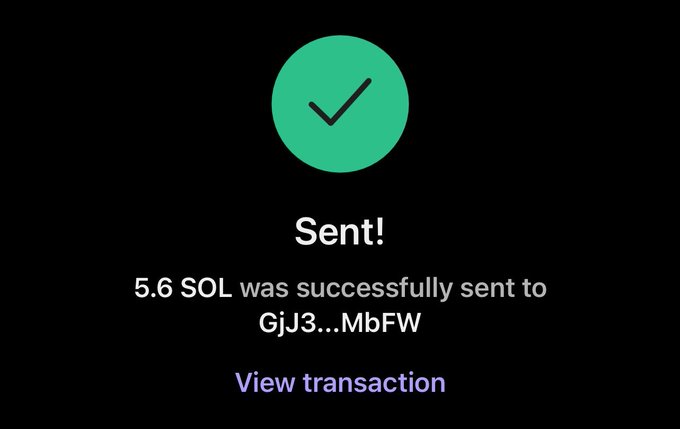 A confirmation screen displays a green checkmark with the text "Sent! 5.6 SOL was successfully sent to GjJ3...MbFW," serving as transaction proof for the user's claim of sending $400 in SOL.