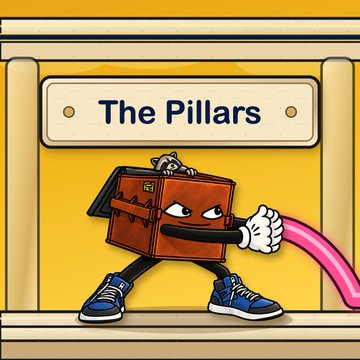 A cartoon illustration of a brown briefcase character with arms, legs, and sneakers, shooting a pink tongue, labeled 'The Pillars' on a plaque.