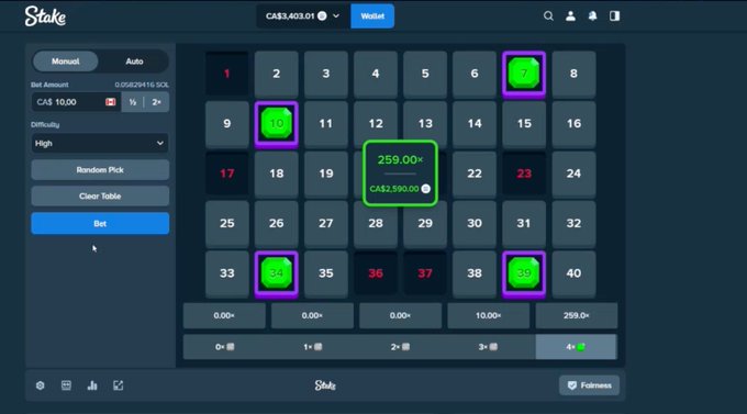 A screenshot of the Stake online gambling platform showing a roulette-style betting table with a CAS balance of CAS3,403.01, where bets totaling CAS2,590.00 are placed on numbers 7, 10, 34, and 40, potentially cashing out at CA$3,849.00, fitting with the post's request for a Solana address for tipping winnings.