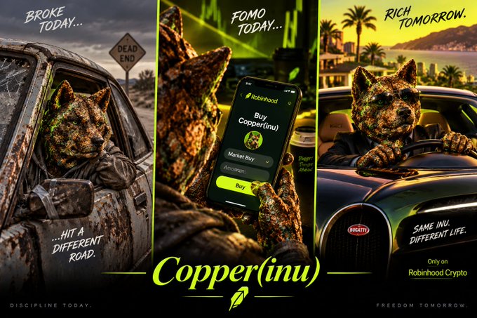A three-panel advertisement for 'Copper(inu)' cryptocurrency on Robinhood Crypto, featuring a copper-colored dog in different scenarios: 'BROKE TODAY...' in a broken car, 'FOMO TODAY...' using a phone, and 'RICH TOMORROW...' driving a Bugatti.