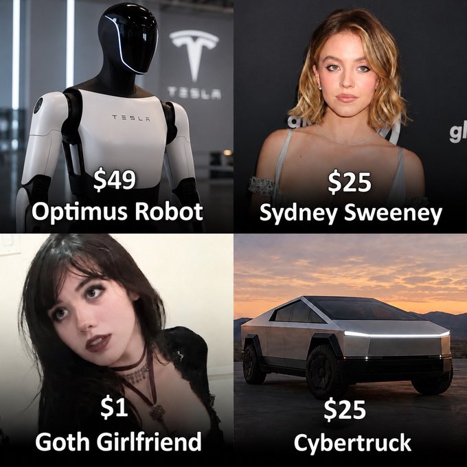 A four-panel meme comparing prices: Tesla Optimus Robot ($49), Sydney Sweeney ($25), Goth Girlfriend ($1), and a Tesla Cybertruck ($25).
