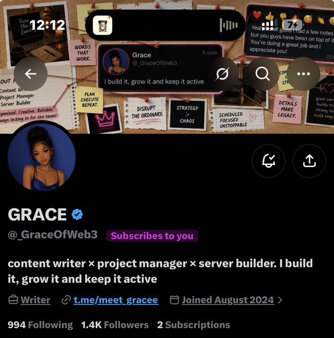An X/Twitter profile screenshot for user @_GraceOfWeb3 (GRACE) who is a verified content writer, project manager, and server builder, with 1.4K followers and a bio reading "content writer x project manager x server builder. I build it, grow it and keep it active."