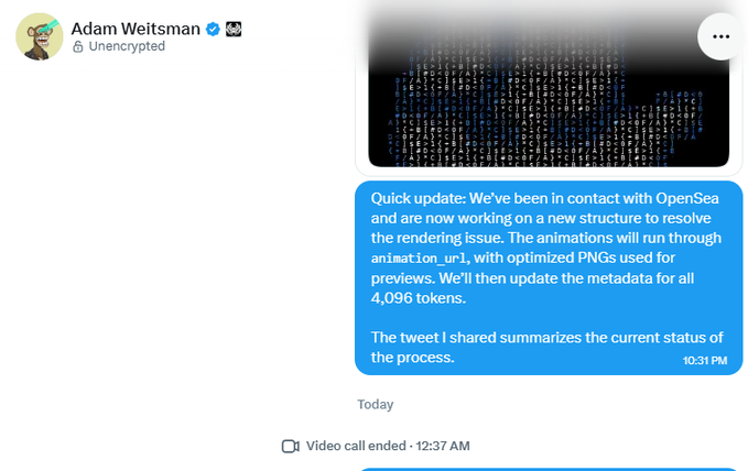 A Twitter/X direct message from Adam Weitsman (@Unencrypted) explaining that he's working with OpenSea on a new structure to resolve a rendering issue, with animations running through 'animation_url' using optimized PNGs as previews for all 4,096 tokens.