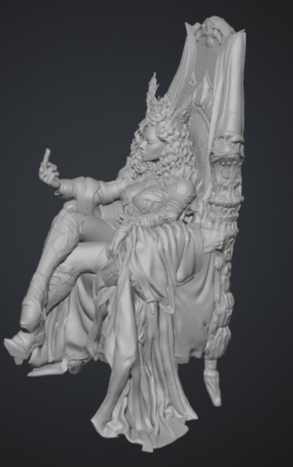 A grayscale 3D sculpted figurine depicts a regal figure with an elaborate headdress seated on an ornate throne, with a small child reaching up toward them.