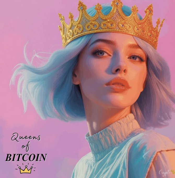 A digital artwork of a woman with light blue hair wearing an ornate gold crown, captioned 'Queens of BITCOIN' with a small crown icon.