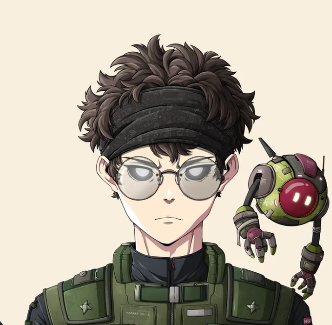 Anime-style illustration of a young man with messy dark hair, a patterned bandana, and glasses, wearing a green tactical vest, with a small round red and green robot hovering next to his shoulder.