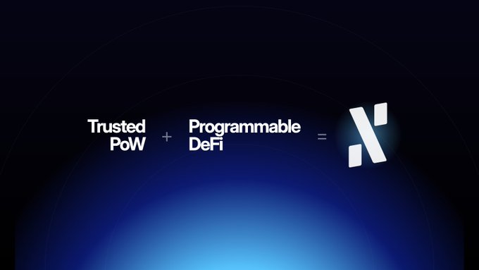The image presents an equation-style visual: "Trusted PoW + Programmable DeFi = Alephium" set against a dark blue gradient background, featuring the Alephium logo. It visually reinforces the accompanying post's message that Alephium uniquely combines Bitcoin's trusted proof-of-work consensus with programmable DeFi functionality.
