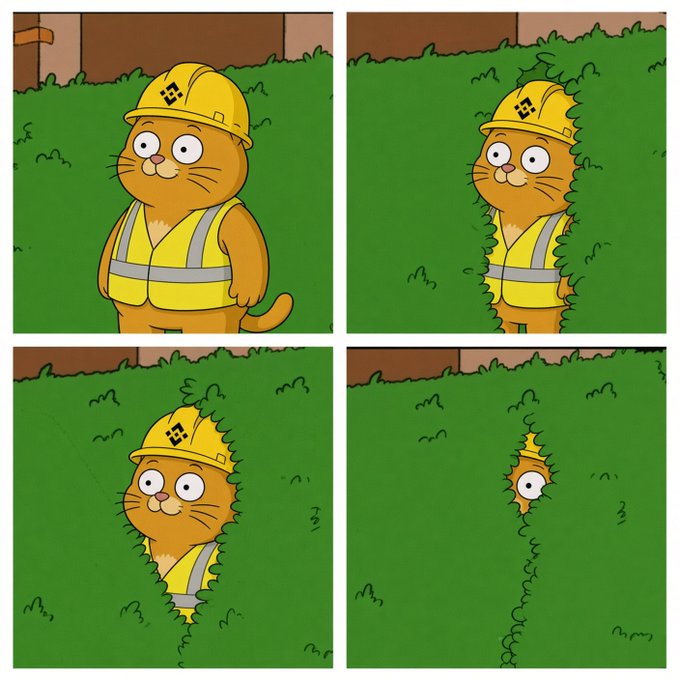 A four-panel cartoon featuring a cat in a yellow hard hat and safety vest being progressively consumed by a green bush until only one wide eye remains visible.