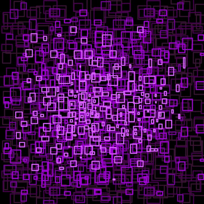 An abstract digital artwork featuring overlapping purple and pink rectangular outlines on a black background.