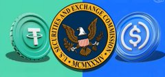 The image displays the U.S. Securities and Exchange Commission (SEC) emblem in the center, flanked by a Tether (₮) coin on the left and a dollar sign ($) coin on the right against a teal and blue gradient background.

The image symbolizes the SEC's regulatory role concerning stablecoins like Tether and traditional currency, which relates to the post about XRP—a cryptocurrency that has faced similar SEC regulatory scrutiny.