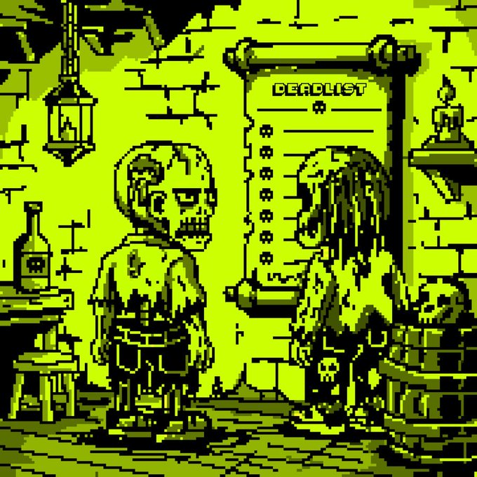 A 1-bit pixel art scene showing a skeleton and a hooded grim reaper figure standing beside a scroll labeled "DEADLIST" in a dungeon-like room with a lantern, bottle, and candle. The image serves as the visual identity for the "DEADCHAINS" 40×40 pixel NFT collection being teased on Robinhood Chain.