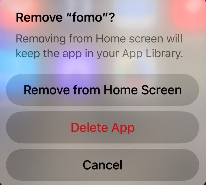 An iOS pop-up menu asking to 'Remove "fomo"?' with options to 'Remove from Home Screen', 'Delete App', or 'Cancel'.