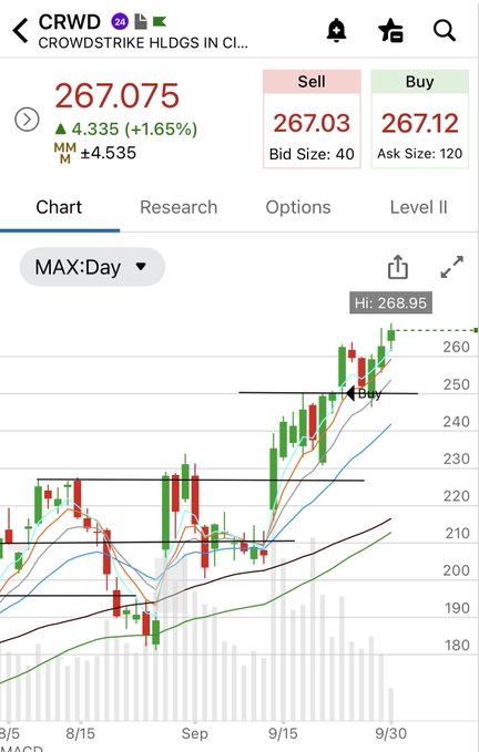 A stock chart app displays CrowdStrike Holdings (ticker: CRWD) trading at $267.075, up 1.65%, with a 'Buy' signal marked on the candlestick chart.