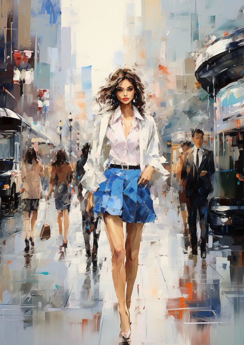 An impressionistic digital painting of a stylish woman with brown hair, wearing a white shirt and a blue pleated skirt, walking down a bright, bustling city street.