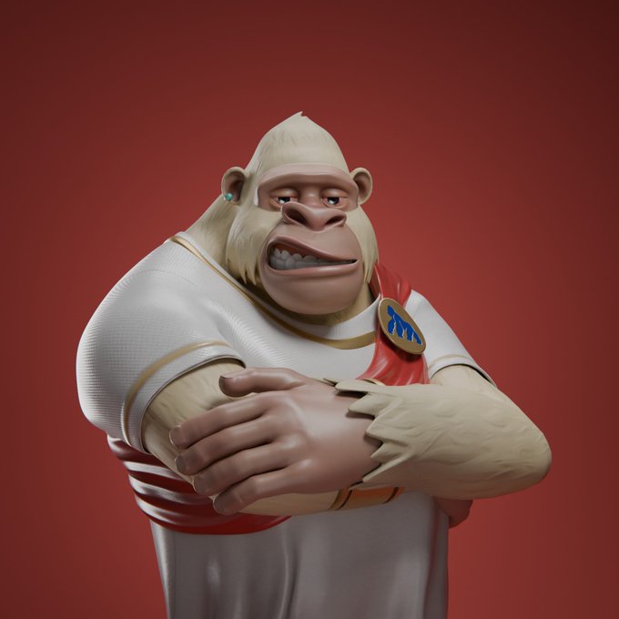 A smug, white-furred ape character with arms crossed stands against a red background, wearing a white and red jersey with a blue and gold emblem. The cartoonish monkey embodies the confident optimism of an NFT trader who remains unfazed by the broader crypto market downturn, mirroring the post's mix of humor and bullish resilience.