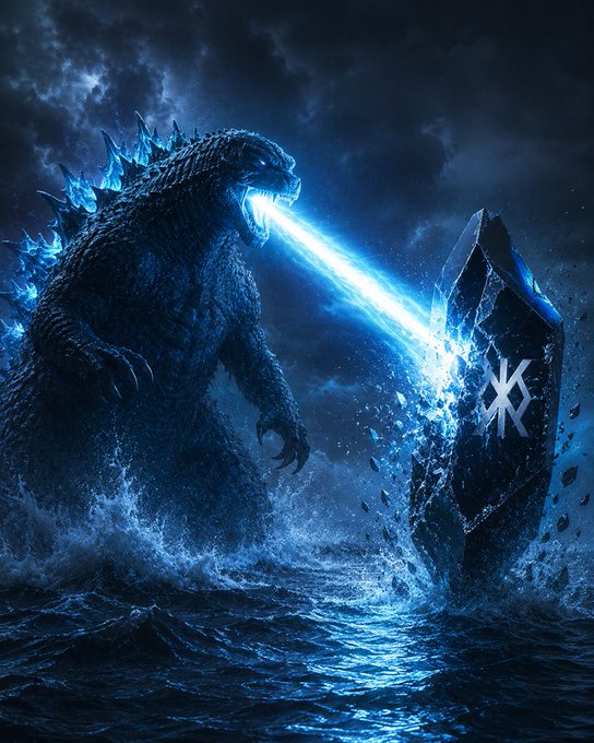 A dramatic digital artwork of Godzilla emitting a blue atomic breath beam at a large monolith featuring the K League logo, set against a stormy night sky and ocean.