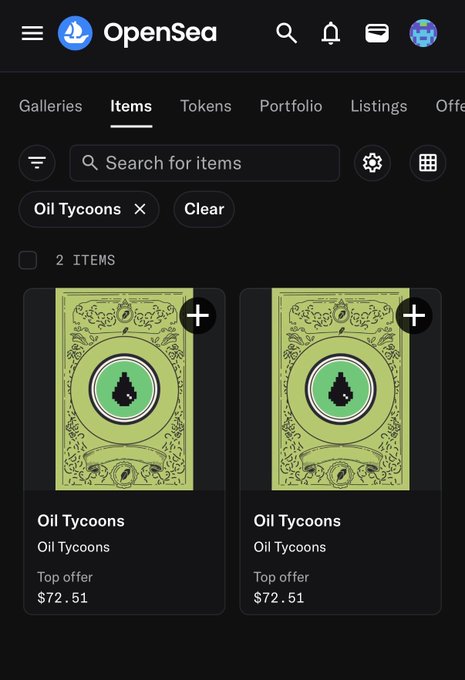 Screenshot of the OpenSea Items page showing a search for "Oil Tycoons" with two NFT items listed, each showing a top offer of $72.51.