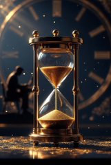 A glass hourglass with golden sand sits on a surface in front of a large, dimly lit clock face.