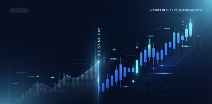 A digital financial chart displays a rising candlestick graph in blue with the text 'MARKET DEBUT | VALUATION GROWTH' in the top right corner.