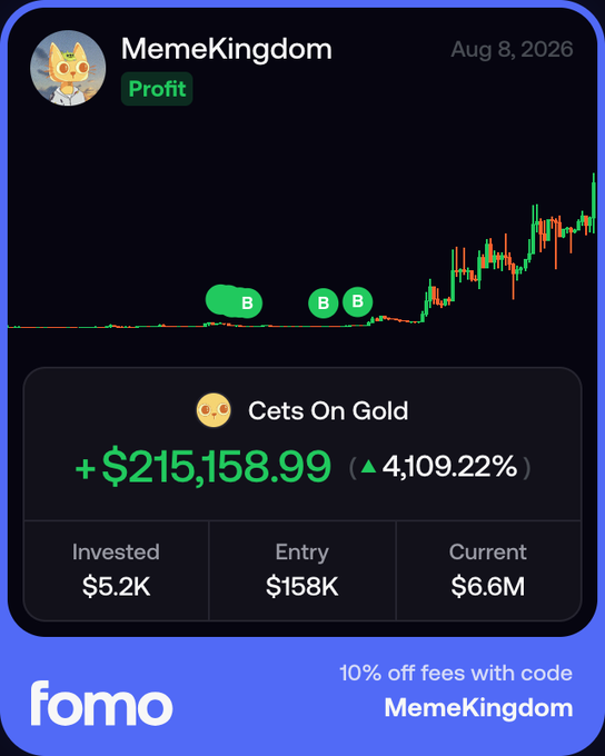The image shows a trading chart for "MemeKingdom" dated Aug 8, 2026, displaying a massive profit of +$215,158.99 (4,109.22%) on "Cets On Gold" with an entry market cap of $158K and current value of $6.6M from a $5.2K investment, aligning with the post's message to "HOLD FOR GOLD" on $CETS.