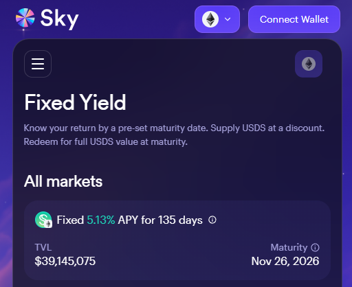 A 'Sky' cryptocurrency platform interface showing a 'Fixed Yield' section with a USDS market offering '5.13% APY for 135 days', a TVL of $39,145,075, and a maturity date of Nov 26, 2026.