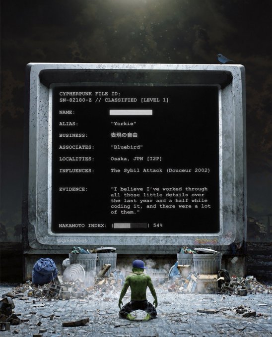 A cyberpunk-style digital artwork showing a classified file for "Yorkie" from the group "Bluebird" in Osaka, Japan, with a green-skinned figure sitting amid trash in the foreground.