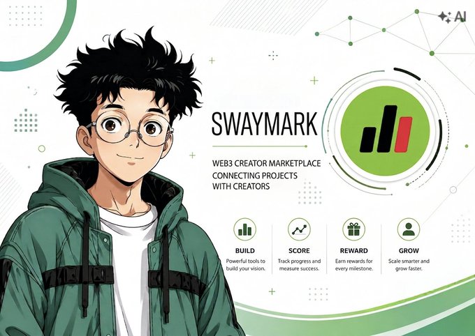 A promotional graphic for 'SWAYMARK', a Web3 Creator Marketplace, featuring an anime-style character with curly hair and glasses, highlighting features like Build, Score, Reward, and Grow.