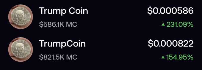 The image shows two meme coins named "Trump Coin" and "TrumpCoin," priced at $0.000586 and $0.000822 respectively, with market caps of $586.1K and $821.5K, both showing significant gains (231.09% and 154.95%). It illustrates the post's point about Solana trenches being a competitive PvP environment, where multiple similarly-themed tokens compete for traders' attention and capital, often seeing rapid price surges amid the frenzy.