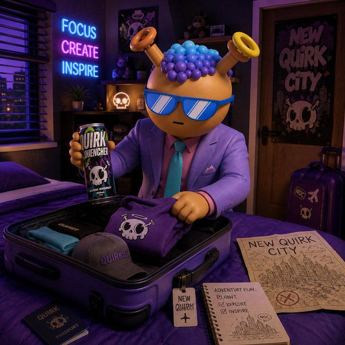 A 3D-rendered character with a blue spiky hairstyle and sunglasses packing a suitcase in a room with neon signs reading "FOCUS CREATE INSPIRE" and "NEW QUIRK CITY", along with a "QUIRK QUENCHER" can and a "NEW QUIRK PASSPORT".