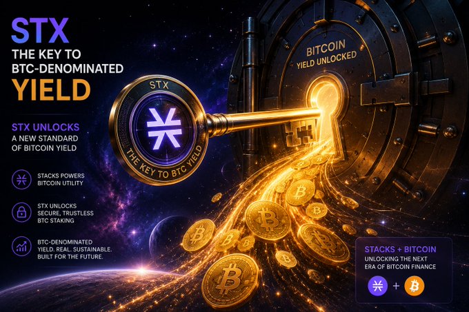 Promotional banner for 'STX - The Key to BTC-Denominated Yield' featuring a glowing key unlocking a vault labeled 'BITCOIN YIELD UNLOCKED' with golden Bitcoin coins flowing out, highlighting Stacks' role in Bitcoin staking.