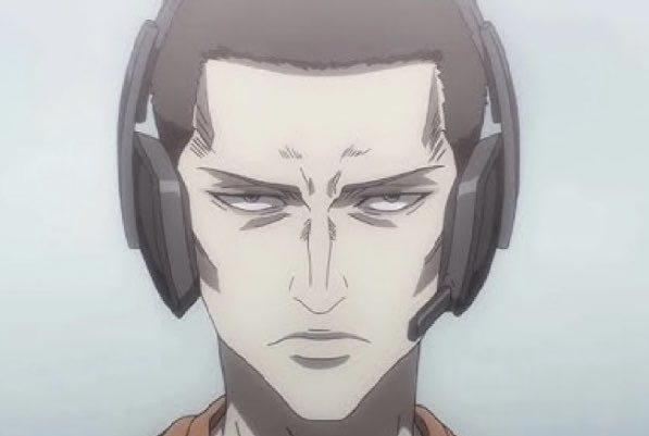 An anime character with a stern expression wearing large black headphones, depicted in a muted gray color palette.