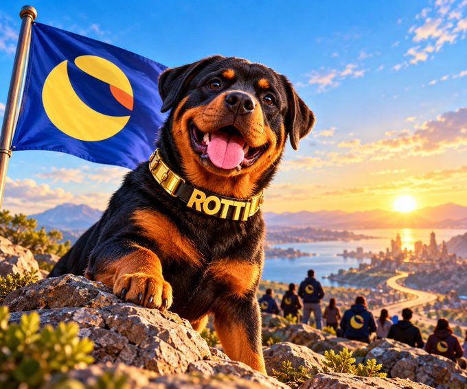 A happy Rottweiler wearing a gold 'ROTTI' collar sits on rocks with a blue flag behind it, overlooking a coastal city at sunset with people gathered below.