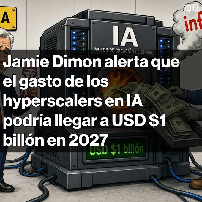 A Spanish-language graphic reading 'Jamie Dimon alerta que el gasto de los hyperscalers en IA podría llegar a USD $1 billón en 2027', illustrating an AI server rack as a money-making machine.