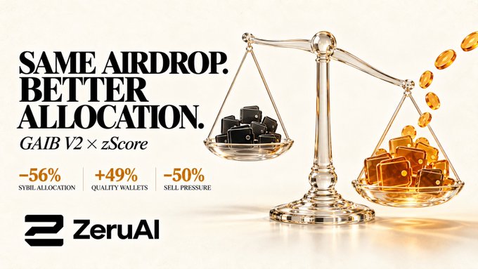 ZeruAI promotional graphic stating 'SAME AIRDROP. BETTER ALLOCATION.' featuring GAIB V2 × zScore with metrics: '-56% SYBIL ALLOCATION', '+49% QUALITY WALLETS', '-50% SELL PRESSURE', showing a balance scale weighing gold coins against regular coins.
