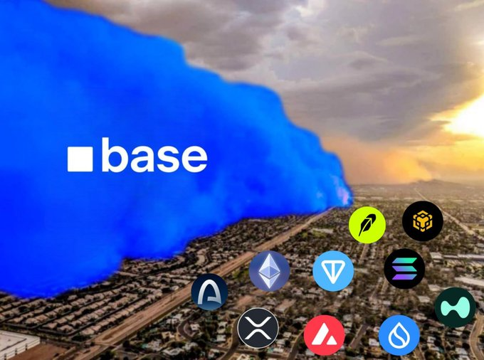 A promotional graphic shows the Base logo in large white text and several cryptocurrency icons over an aerial cityscape, with a vivid blue cloud-like shape across the left side.