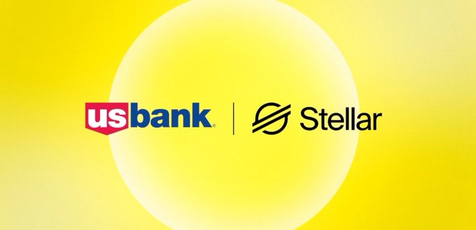 The image features the U.S. Bank and Stellar logos side by side against a bright yellow background, suggesting a partnership or collaboration between the two entities. This visual aligns with the post's "It's happening.." caption, implying that a notable development involving Stellar is now underway.