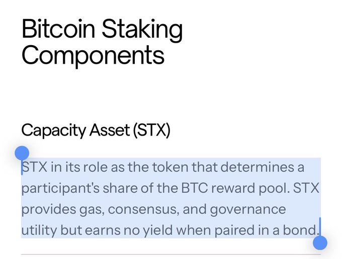 An educational slide titled 'Bitcoin Staking Components' with highlighted text explaining 'Capacity Asset (STX)' and its role determining BTC reward shares.