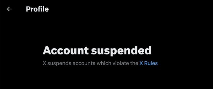 A black screen displaying 'Account suspended' with text stating 'X suspends accounts which violate the X Rules.'