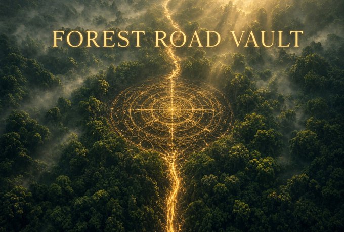 An aerial view of a misty forest shows a glowing golden geometric mandala pattern and a fiery path running through the trees, with the text 'FOREST ROAD VAULT' displayed at the top.