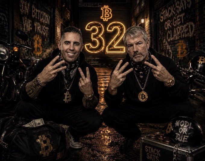 "Another way to view this is, $ASST paid $140,625 for each bitcoin they just purchased," says a caption at the bottom of an advertisement featuring two men in black t-shirts holding up bitcoin numbers. The man on the left holds a bitcoin symbol above his head and a fist while the other man on the right does a peace sign. In the background, there are several motorcycles parked against graffiti walls. This image seems to be promoting Bitcoin purchases and the men's enthusiasm for it.