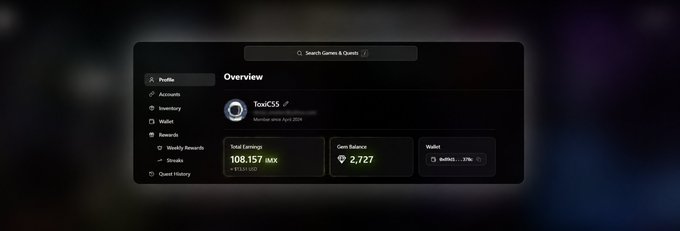 A screenshot of an Immutable profile dashboard for "ToxiCSS" displaying a Total Earnings of 108.157 IMX (~$113 USD), a Gem Balance of 2.727, and a wallet address beginning with "0x894b..." as evidence of earning over 100 IMX from playing Immutable games.