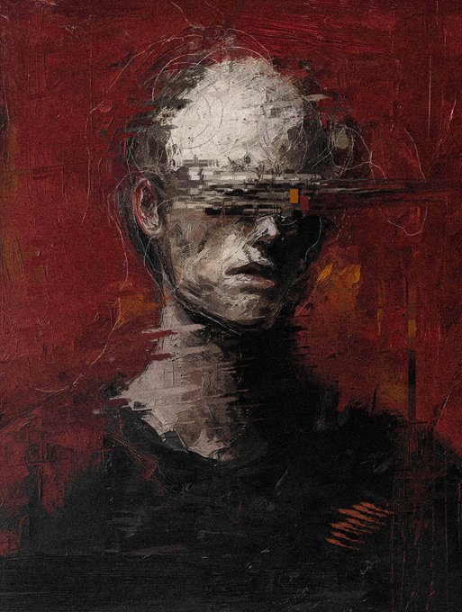 A dark, textured oil painting of a figure against a deep red background, with the subject's face partially obscured by horizontal brushstrokes.