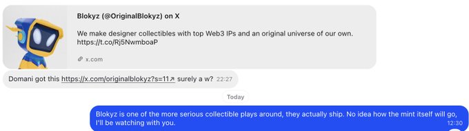 A text message conversation sharing a tweet from Blokyz (@OriginalBlokyz) about designer collectibles with Web3 IPs, with a reply noting 'Blokyz is one of the more serious collectible plays around, they actually ship.'