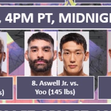 A promotional graphic for a UFC fight card displays the matchup "8. Aswell Jr. vs. Yoo (145 lbs)" with headshots of both fighters against a purple geometric background, along with text indicating broadcast times including "4PM PT" and "MIDNIGHT."