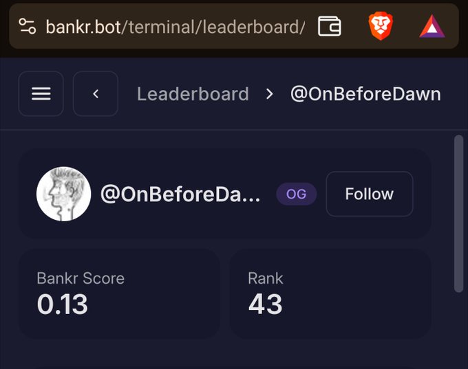 Bankr.bot leaderboard page displaying user '@OnBeforeDawn' with a Bankr Score of 0.13 and Rank 43.