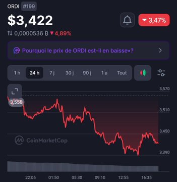 The image shows a CoinMarketCap-style chart for ORDI (trading at $3,422, down 3.47% and 4.89% over the period), displaying a downward trend over 24 hours. It visually supports the post's bullish sentiment by highlighting a recent dip in ORDI's price, which the author frames as a potential buying opportunity ahead of a comeback.