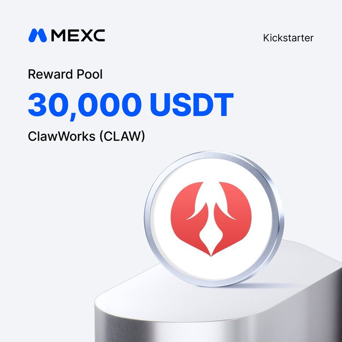 The image features a silver coin with a red logo that says "clawworks" on it, placed on top of a white pedestal or base. The background of the image is white, which makes the coin stand out prominently. Below the coin, there's text in blue and white colors that reads "MEXC New Kickstarter: reward pool 30,000 USDT clawworks (claw)". This post appears to be promoting an event related to cryptocurrency or a fundraising campaign for a project involving cryptocurrency.