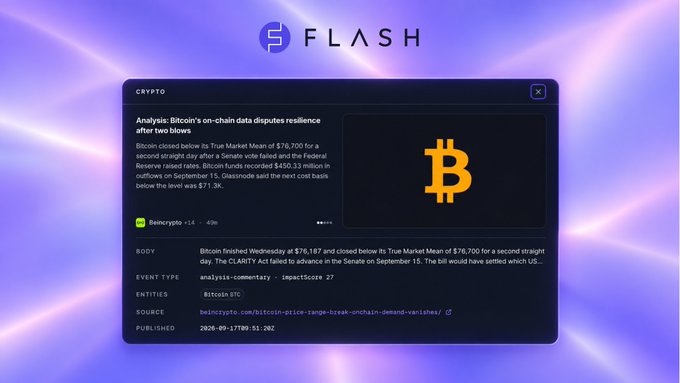 A Flash crypto news interface displays an article titled 'Analysis: Bitcoin's on-chain data disputes resilience after two blows,' reporting Bitcoin closed below its True Market Mean at $78,700 with a GLASSNODE data source.