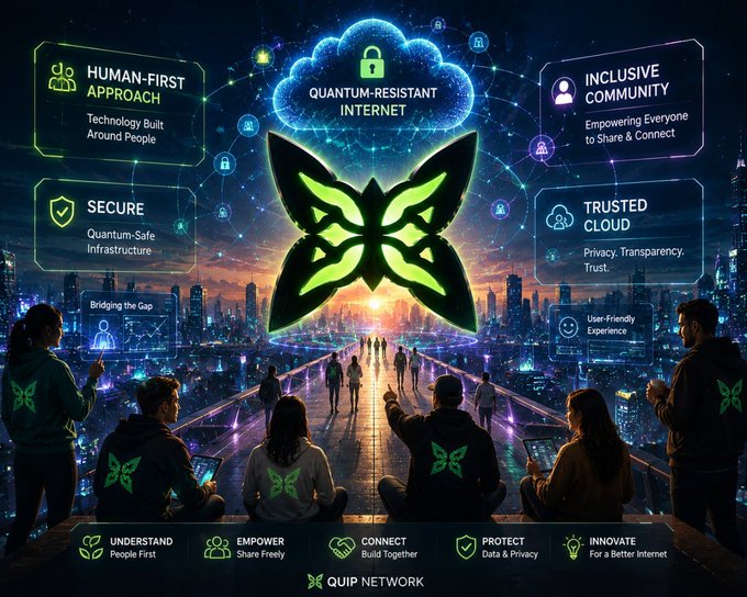 The image showcases a poster or banner featuring a butterfly logo with multiple interconnected people walking along a road. The backdrop of the image depicts an evening city skyline at sunset, which further emphasizes the importance of a quantum-resistant internet. The text on the poster highlights the significance and value of Quip Network's human-first approach to ensure inclusive community building around technology while emphasizing their commitment to innovation in privacy, security, and connectivity. This combination of visuals and text encourages people to engage with and support this initiative, as it aligns with the idea that progress should always be accessible and inclusive for all users.